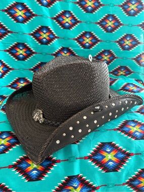 PETER GRIMM CRYSTAL Studded Black HORSE 🐎 emblem Cowboy Hat